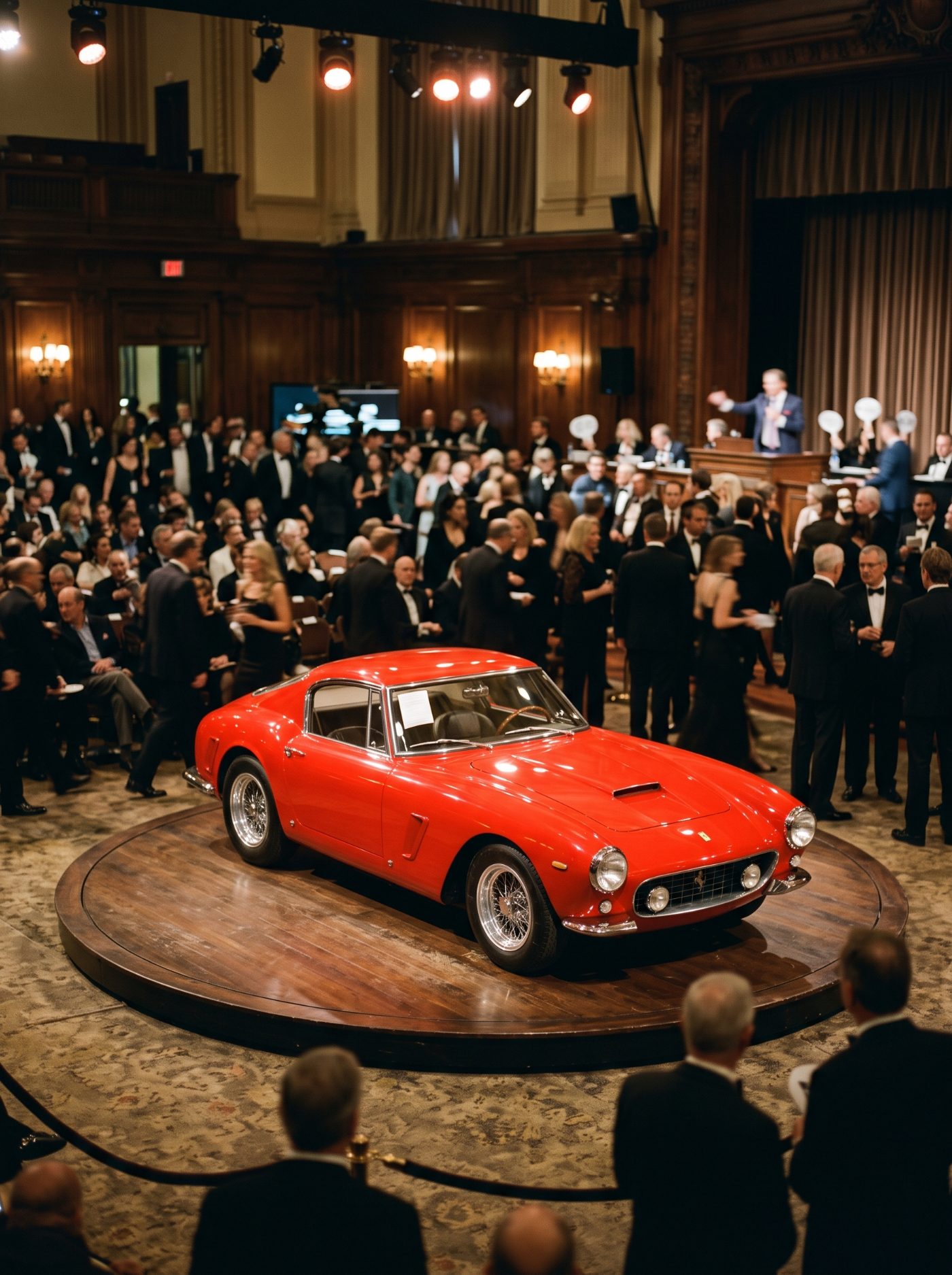 A classic car under auction spotlights (concept image)