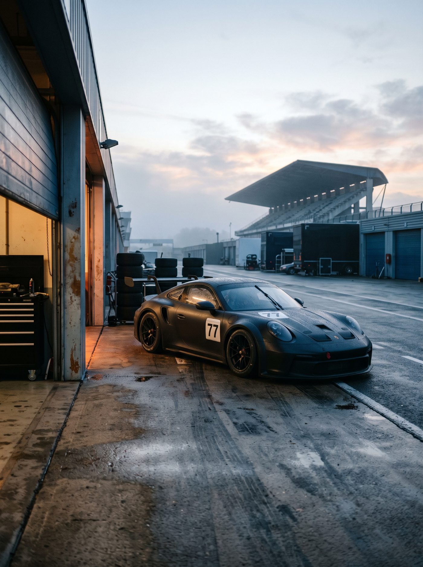 A GT race car in the paddock at dawn (concept image)