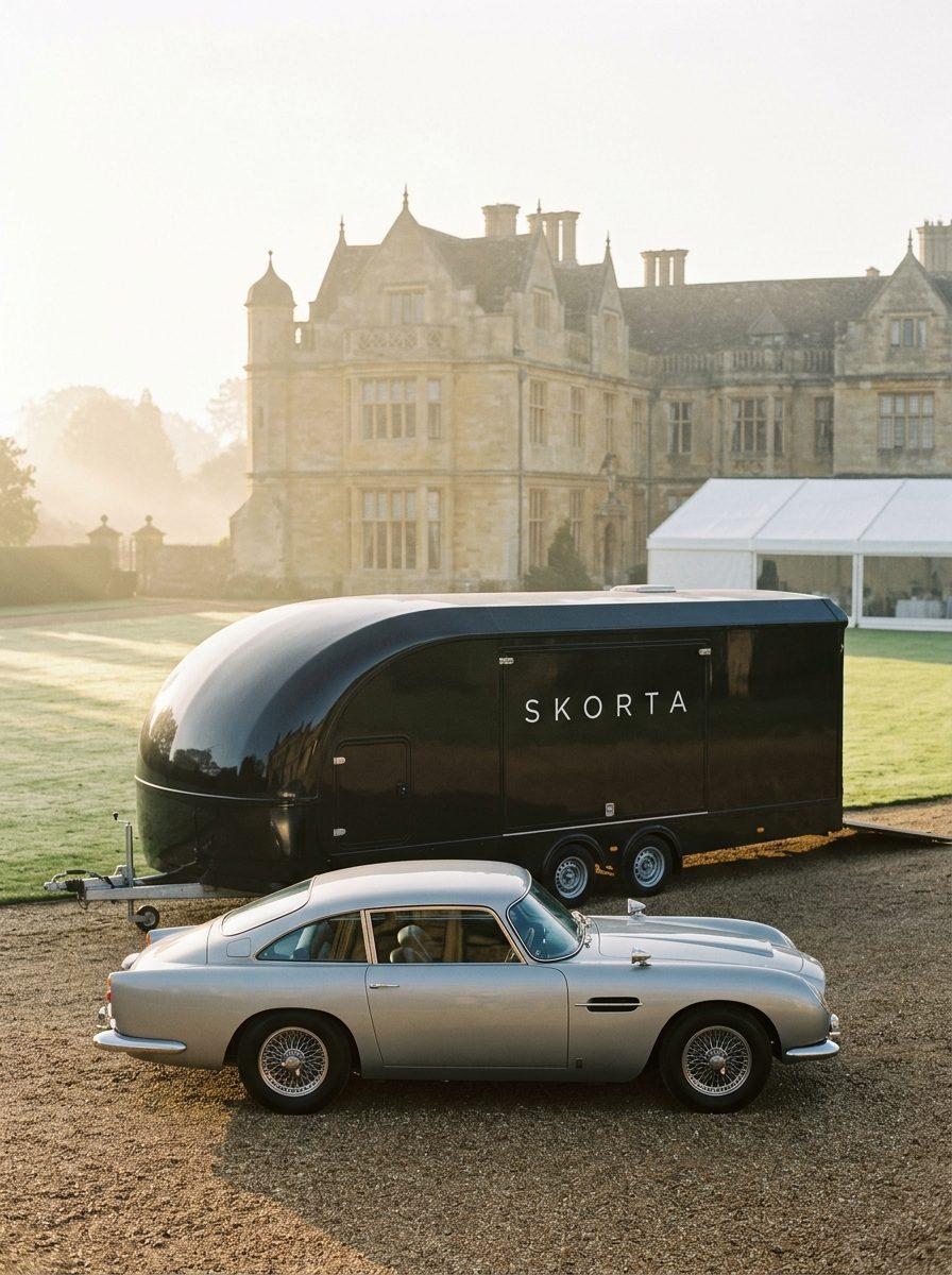 A classic rolled off the SKORTA enclosed trailer onto a concours lawn at dawn (concept image)
