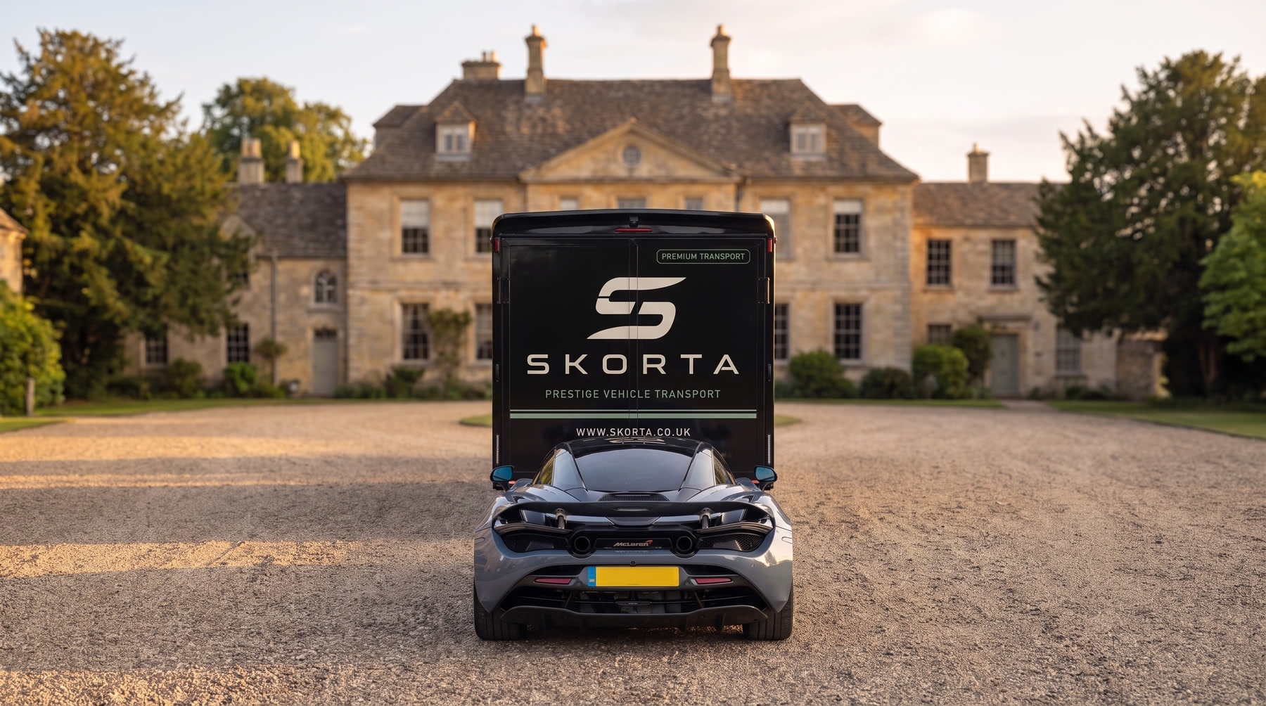 The SKORTA enclosed trailer at golden hour on a country-estate forecourt, rear door open into a ramp, a grey McLaren 720S driving inside