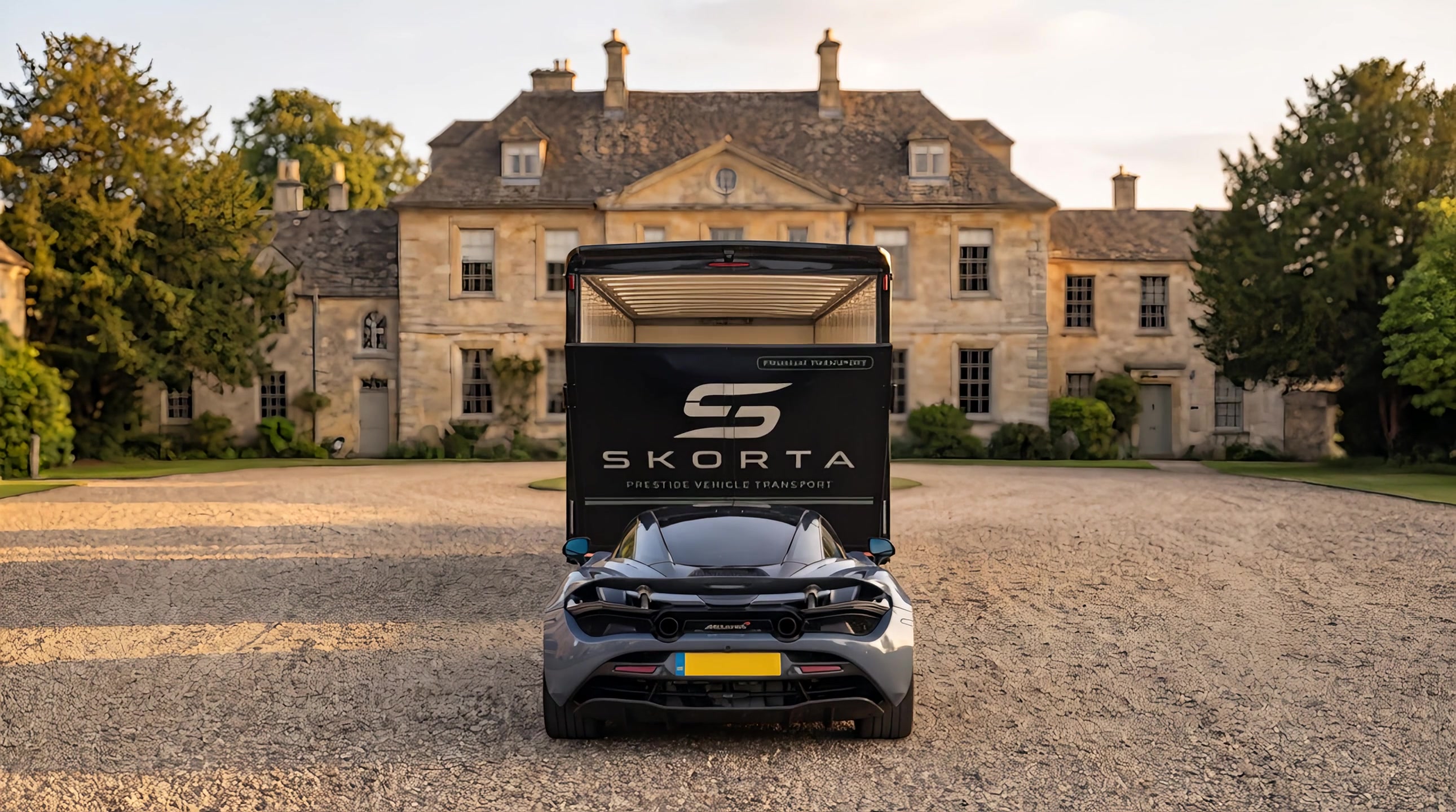 The trailer's rear door powering open on the estate forecourt
