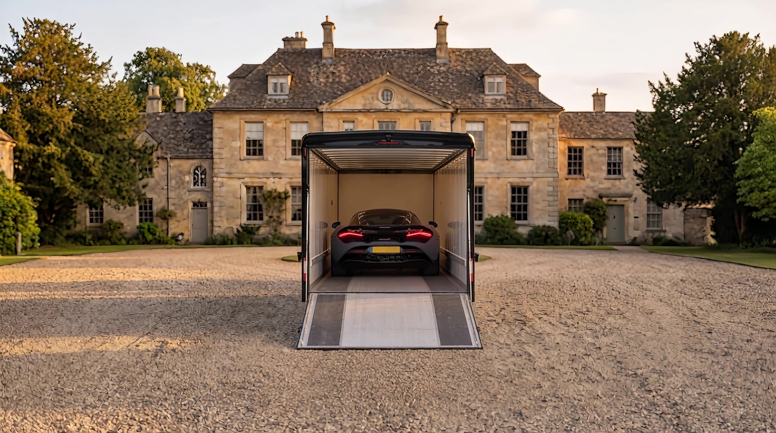 The McLaren driven up the ramp into the lit trailer at golden hour