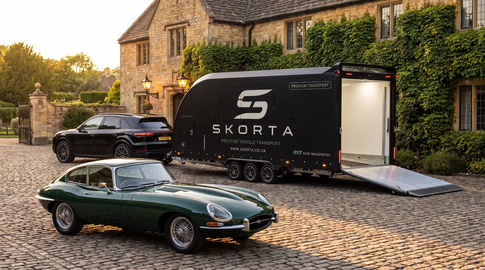 A green Jaguar E-Type beside the open SKORTA trailer in a manor courtyard